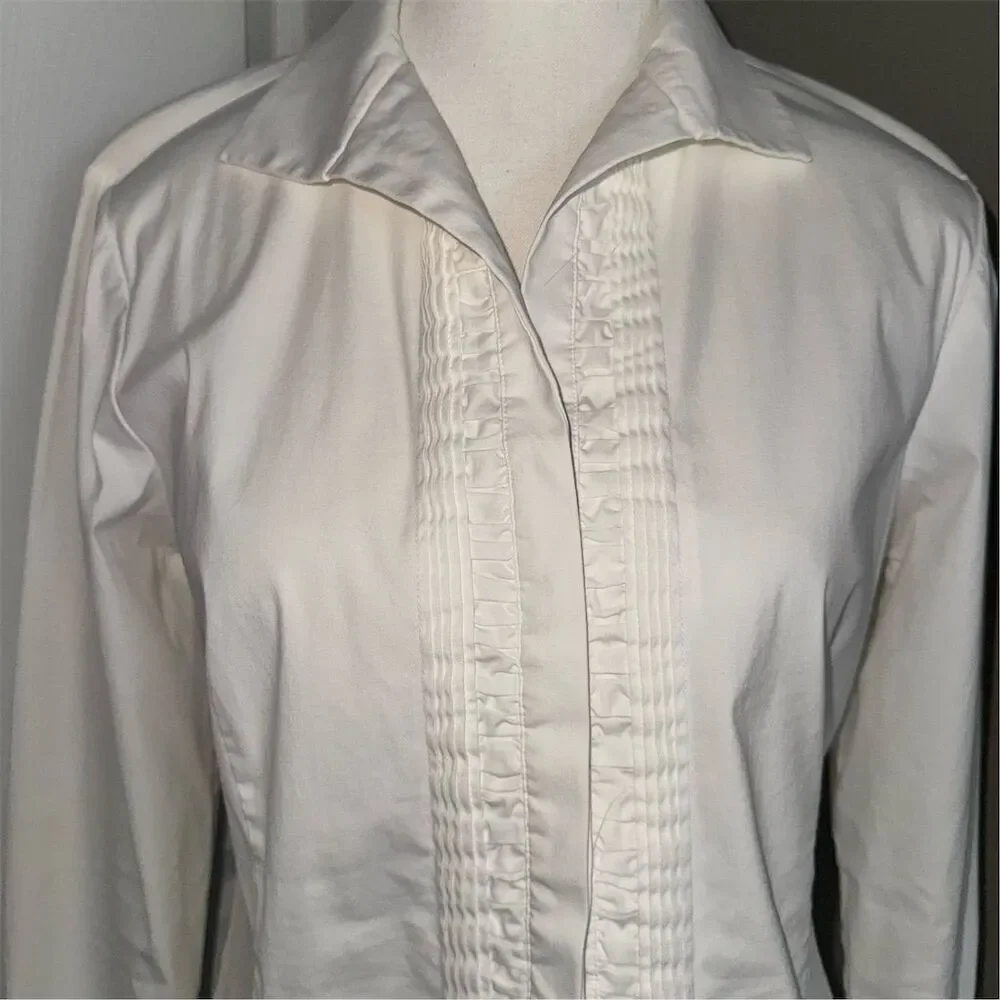 Vintage Lafayette 148 New York Tuxedo Pleated White Button-Up Blouse Size 8 - Picture 3 of 10